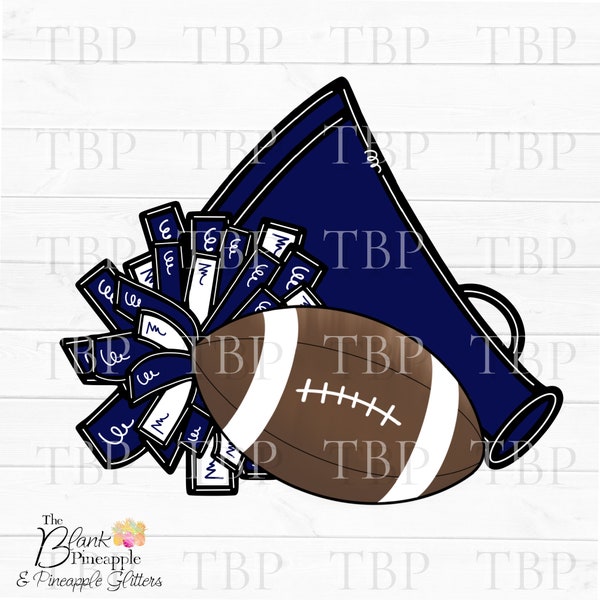 Cheer Design PNG, Cheer Football Megaphone and Pom Pom in Navy PNG, Cheerleading design, Cheer sublimation design, Cheerleading Png
