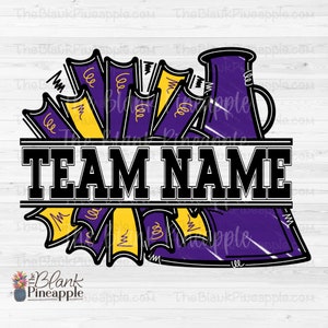 Cheer Design PNG, Add Your Own Name Cheer Megaphone and Pom Poms in Purple and Yellow Gold PNG, Cheer Sublimation PNG, Cheerleading design