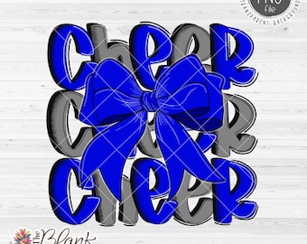 Cheer Design PNG, Cheer with Bow in Blue and Grey PNG, Cheer Sublimation Png, Cheerleading Bow Png, 300dpi RGB
