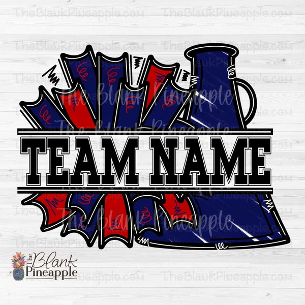 Cheer Design PNG, Add Your Own Name Cheer Megaphone and Pom Poms in Navy and Red PNG, Cheer Sublimation PNG, Cheerleading design