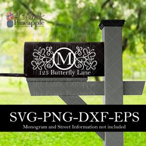 May include: A black mailbox with a white monogram and the address "123 Butterfly Lane". The mailbox has a decorative design with butterflies and swirls. The image is labeled "SVG-PNG-DXF-EPS" and states that the monogram and street information are not included.