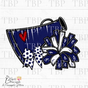 Cheer Design PNG, Cheer Megaphone and Pom Poms with Bow in Navy PNG, Cheerleading design, Cheer sublimation design png