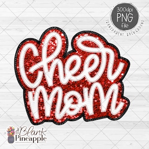 Cheer Design PNG, Cheer Mom with faux glitter and embroidery in Red, Cheerleading Sublimation Design, Cheer Mom PNG 300dpi, Hand Lettered