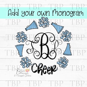 Cheer Design PNG, Light Blue Cheer Monogram Frame with Megaphone and Pom Poms PNG, Cheerleading Sublimation Design, Cheer shirt design png
