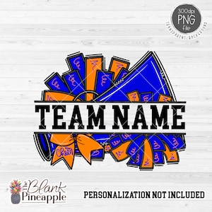Cheer Design PNG, Add Your Own Name Cheer Megaphone and Pom Poms in Blue and Orange PNG, Cheer Sublimation PNG, Cheerleading Design