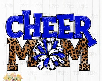 Diseño de porristas PNG, Leopardo de mamá animadora con pompones azules y blancos PNG, Diseño de sublimación de porristas PNG, Diseño de porristas