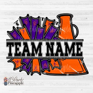 Cheer Design PNG, Add Your Own Name Cheer Megaphone and Pom Poms in Orange and Purple PNG, Cheer Sublimation PNG, Cheerleading design