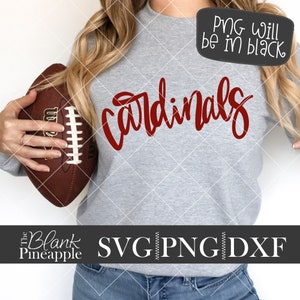 Cardinals SVG-bestand knippen, Cardinals mascotte SVG, dxf en png digitale download, shirtontwerp mascotte naam. Ontwerp teamnaam. Met de hand beletterd