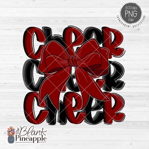 Cheer Design PNG, Cheer with Bow in Dark Red and Black PNG, Cheer Sublimation Png, Cheerleading Bow Png, 300dpi RGB