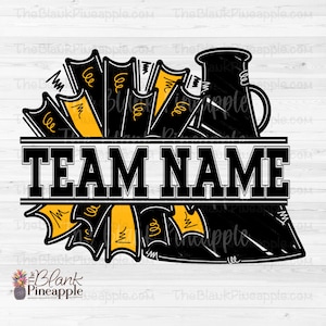 Cheer Design PNG, Add Your Own Name Cheer Megaphone and Pom Poms in Black and Yellow Gold, Cheer Sublimation PNG, Cheerleading design