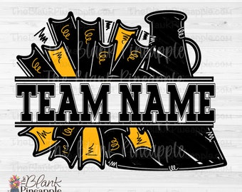 Cheer Design PNG, Add Your Own Name Cheer Megaphone and Pom Poms in Black and Yellow Gold, Cheer Sublimation PNG, Cheerleading design