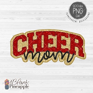 Cheer Design PNG, Cheer Mom in faux glitter and embroidery in Red and Gold 300dpi, Cheerleading shirt design, Cheer sublimation design