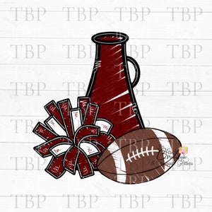 Cheer Design PNG, Cheer Football Megaphone and Pom Pom in Dark Red PNG, Cheerleading design, Cheer sublimation design png
