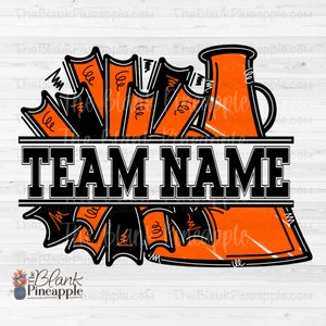 Cheer Design PNG, Add Your Own Name Cheer Megaphone and Pom Poms in Orange and Black PNG, Cheer Sublimation PNG, Cheerleading design