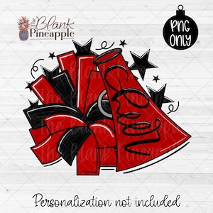 Cheerleading Design PNG, Cheer Megaphone and Pom Pom with &quot;Cheer&quot; in Red and Black PNG, Cheer Sublimation Png, Cheer shirt design 300dpi