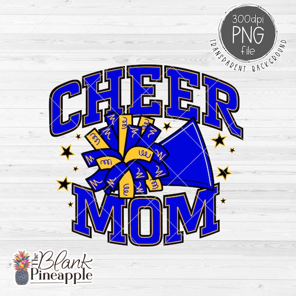 Cheer Design PNG, Cheer Mom with Pom Pom and megaphone in Blue and Yellow PNG 300dpi, Cheerleading design, Cheer sublimation design PNG