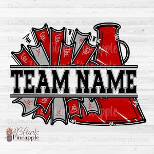 Cheer Design PNG, Add Your Own Name Cheer Megaphone and Pom Poms in Red and Grey PNG, Cheer Sublimation PNG, Cheerleading design