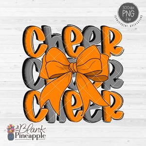Cheer Design PNG, Cheer with Bow in Orange and Grey PNG, Cheer Sublimation Png, Cheerleading Bow Png, 300dpi RGB