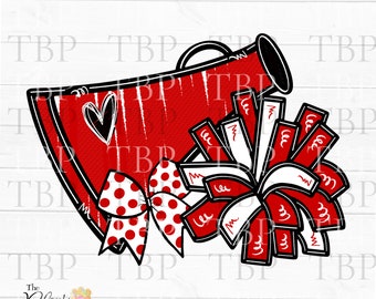 May include: A red and white cheerleader megaphone with a black outline. The megaphone has a heart and a bow with red polka dots. A pom-pom with red and white streamers is attached. The text "The Blank Pineapple & Pineapple Glitters" is at the bottom.