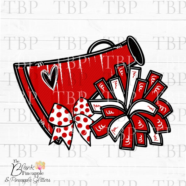 Cheer Design PNG, Cheer Megaphone and Pom Poms with Bow in Red PNG, Cheer Sublimation PNG, Cheerleading design