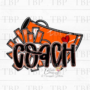 Cheer Design PNG, Cheer Coach Megaphone and Pom Poms in Orange PNG, Cheerleading design, Cheer sublimation design PNG