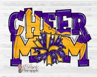 Cheer Design PNG, Chalky Cheer Mom Megaphone and pom Pom in Purples and Yellow Golds PNG, Cheerleading design, Cheer sublimation design PNG