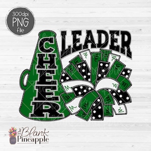 Cheer Design PNG, Cheerleader Pom Pom and Megaphone PNG design in Dark Green, Cheer Sublimation PNG, Cheerleading shirt design