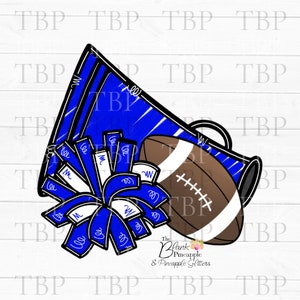 Cheer Design PNG, Cheer Football Megaphone and Pom Pom in Blue, Cheerleading sublimation design, Cheer shirt design