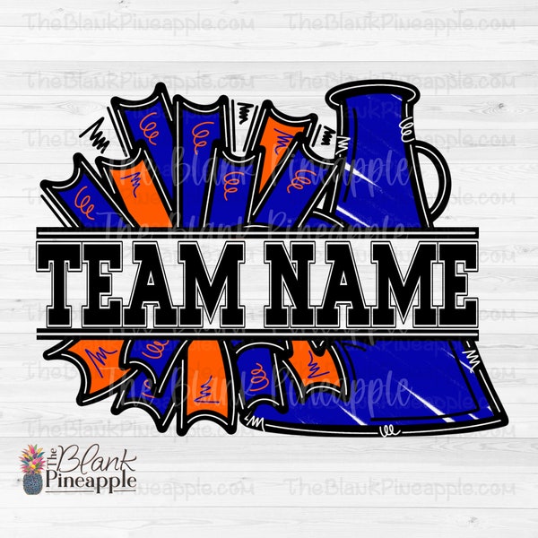 Cheer Design PNG, Add Your Own Name Cheer Megaphone and Pom Poms in Royal Blue and Orange PNG, Cheer Sublimation PNG, Cheerleading Design