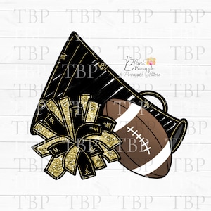 Cheer Design PNG, Cheer Football Megaphone and Pom Pom in Black with Gold Glitter, Cheerleading sublimation design, Cheer shirt design