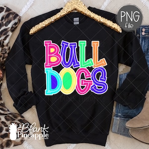 Bulldogs Mascot PNG, Colorful Bulldogs Mascot design outlined in white, Bulldogs mascot shirt png. PNG design for Dtg, Dtf, and Sublimation