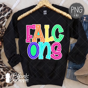 Falcons Mascot PNG, Colorful Falcons Mascot design outlined in white, Falcons team shirt png. PNG design for Dtg, Dtf, and Sublimation