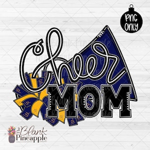 Cheer Design PNG, Cheer Mom with Megaphone and Pom Poms in Navy Blue and Yellow Gold PNG, Cheerleading sublimation design
