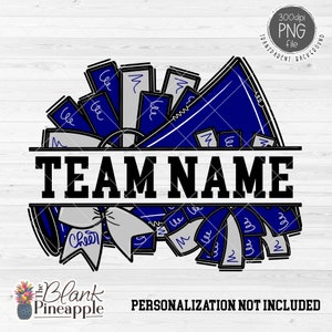Cheer Design PNG, Add Your Own Name Cheer Megaphone and Pom Poms in Dark Blue and Grey PNG, Cheer Sublimation PNG, Cheerleading design