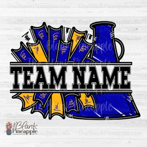 Cheer Design PNG, Add Your Own Name Cheer Megaphone and Pom Poms in Royal Blue and Yellow Gold PNG, Cheer Sublimation PNG,
