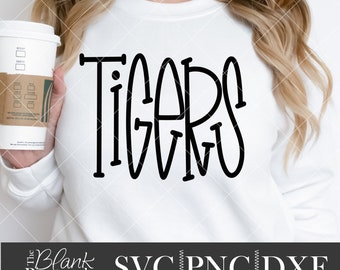 Tigers SVG Cut File, Tigers Mascot SVG, Dxf, and png Digital Download, Mascot name shirt design. Team name design. Hand Lettered