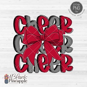 Cheer Design PNG, Cheer with Bow in Red and Grey PNG, Cheer Sublimation Png, Cheerleading Bow Png, 300dpi RGB