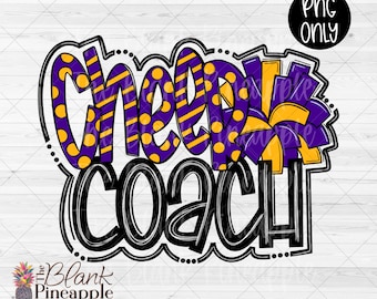 Cheerleading Design PNG, Cheer Coach with Pom Pom in Purple and Yellow PNG, Cheerleading Sublimation Design, Cheer Shirt Design 300dpi
