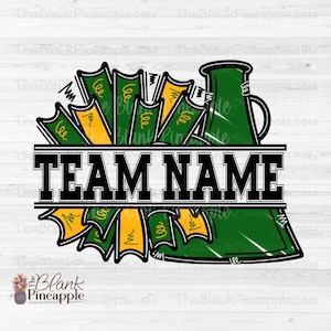 Cheer Design PNG, Add Your Own Name Cheer Megaphone and Pom Poms in Dark Green and Yellow Gold PNG, Cheer Sublimation PNG, Cheerleading png