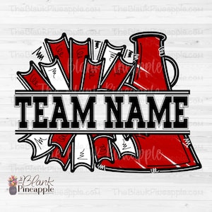 Cheer Design PNG, Add Your Own Name Cheer Megaphone and Pom Poms in Red PNG, Cheer Sublimation PNG, Cheerleading design