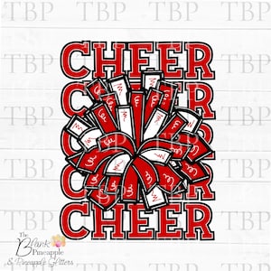 Cheer Design PNG, Cheer Pom Poms in Red PNG, Cheer sublimation design, Cheerleading PNG