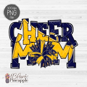 Cheer Design PNG, Cheer Mom Megaphone and pom Pom in Navy Blue and Yellow PNG, 300dpi Cheer Mom shirt design, Cheer sublimation design PNG