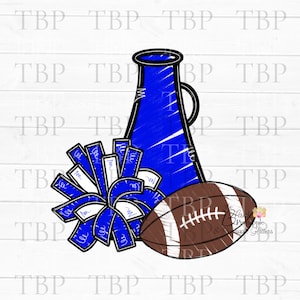 Cheer Design PNG, Cheer Football Megaphone and Pom Poms in Blue PNG 300dpi Clipart Sublimation Download Design Cheer digital design