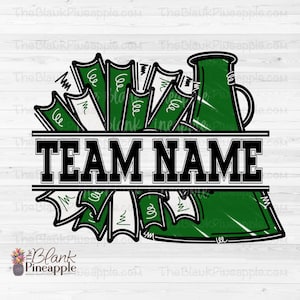 Cheer Design PNG, Add Your Own Name Cheer Megaphone and Pom Poms in Dark Green PNG, Cheer Sublimation PNG, Cheerleading png