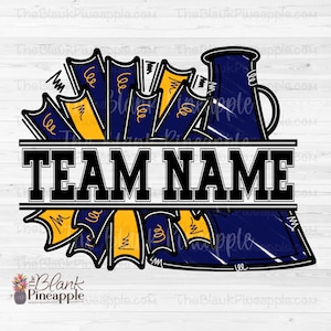 Cheer Design PNG, Aggiungi il tuo nome Megafono e pompon per le cheerleader in blu navy e oro giallo PNG, Cheer Sublimation PNG, Design per cheerleader