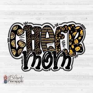 Cheer Design PNG, Doodle Cheer Mom in Black and Yellow Gold PNG, Cheer Mom sublimation design, Cheer mom shirt design PNG, 300dpi
