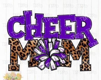 Cheer Design PNG, Cheer Mom Leopard with Purple and White Pom Poms PNG, Cheer sublimation design, Cheerleading design, Cheerleading PNG