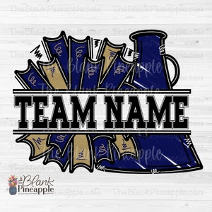Cheer Design PNG, Add Your Own Name Cheer Megaphone and Pom Poms in Navy and Gold PNG, Cheer Sublimation PNG, Cheerleading design