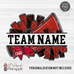 Cheer Design PNG, Add Your Own Name Cheer Megaphone and Pom Poms in Red and Black PNG, Cheer Sublimation PNG, Cheerleading design