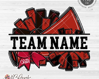 Cheer Design PNG, Add Your Own Name Cheer Megaphone and Pom Poms in Red and Black PNG, Cheer Sublimation PNG, Cheerleading design